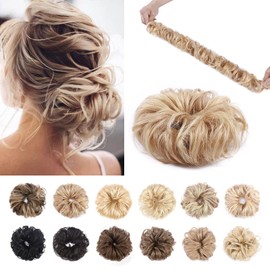 Messy Hair Scrunchies Wrap Bun Extensions Real Human Hair Curly Wavy Pieces For Women Updo Ponytail Hair #18P613 Ash Blonde&Bleach Blonde