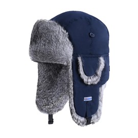 Winter Trapper Hat,100% Rabbit Fur Russian Ushanka Aviator Hunting Ski Hat Winter Hat with Ear Flaps for Men Women Blue