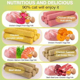 Fchowwn 4 Flavor/110g Freeze-Dried Cat Treats,Chew Sticks for Dental Health,Hairball Control & Digestive Support (Beef,Cat Grass Salmon,Chicken Pumpkin,Chicken Dragon Fruit)