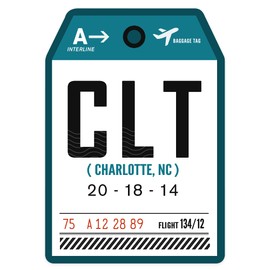 Lantern Press Sticker Charlotte, North Carolina, CLT, Luggage Tag Die Cut Vinyl, (Waterproof Decal for Cars, Water Bottles, Laptops, Coolers), Small
