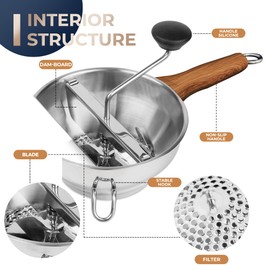 Stainless Steel Food Mill With 3 Milling Discs,Ergonomic design Rotary hand crank,Wood Grain Handle Food Mills For Tomato Sauce,Potatoes,Jams,canning,Dishwasher Safe,With Multifunctional Spoon,Blue MW