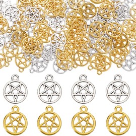 SUNNYCLUE 1 Box 100Pcs Small Pentagram Charm Silver Pentacle Charms Bulk Magic Gold Five Pointed Stars Tibetan Alloy Hollow Star Charm for jewellery Making Charms DIY Necklace Bracelet Earrings
