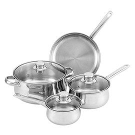 Tuxton Home Nevada 7 Piece Cookware set; Stainless Steel, PFTE & PFOA Free, Freezer to Oven Safe, Induction Compatible; 1QT & 2QT Saucepans, 5QT Dutch Oven, 10" Open Frypan