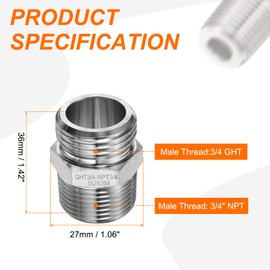 HARFINGTON 304 Stainless Steel Hex Nipple 3/4" GHT Male x 3/4" NPT Male Straight Thread Pipe Fitting Extension Pipe Fittings Connector Adapter for Water Oil Gas Tub