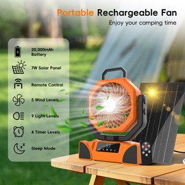 20000mAh Solar Camping Fan, Portable Rechargeable Battery & Solar Powered Fan with 7W Solar Panel, Remote Control, Auto Oscillating, LED Display, Light, Timer for Outdoor Camp, Beach, Travel Tent