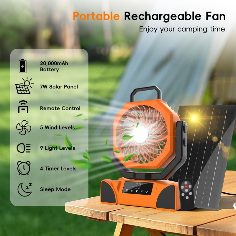 20000mAh Solar Camping Fan, Portable Rechargeable Battery & Solar Powered