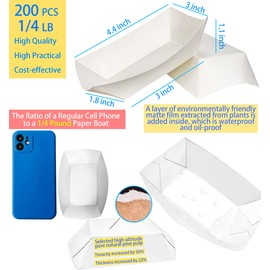 MotBach MotBach 200 Pack White 1/4Lb Paper Food Boat Trays Disposable Small Paper Boats Plates Containers, 0.25Lb Mini Kraft Food Serving Boat Tray Bowls for Snack Fries Dessert Popcorn Sauce BBQ Taco Nacho