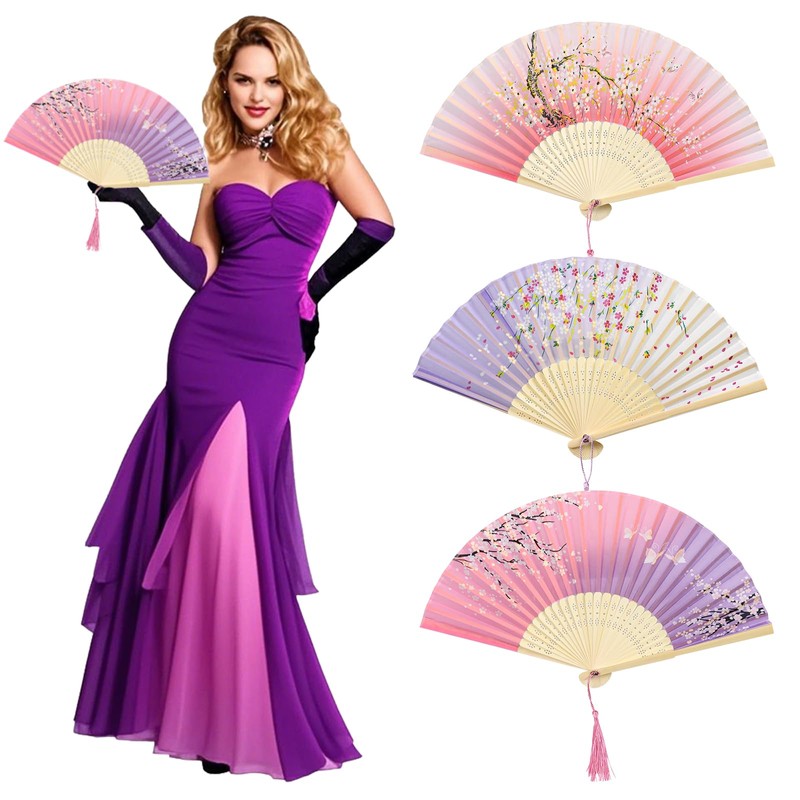 3PCS Folding Hand Fans with Tassel and Fabric Sleeves, Bamboo