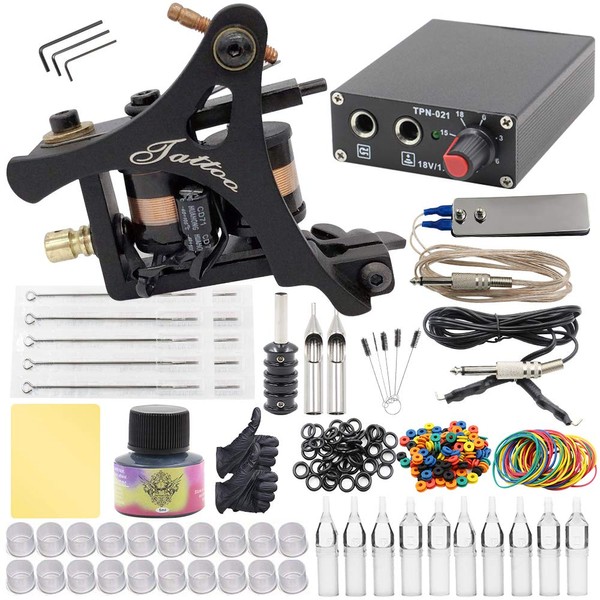 Tattoo Machine Kit, Beoncall Coil Tattoo Machine Guns Kit with Tattoo Power Supply Foot Pedal Needles Grips Tips Accessories Set for Shading and Lining for Starter Beginner Tattoo Supplies (Kit-X)