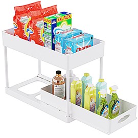 PUILUO Under Sliding Cabinet Basket Organizer, 2 Tier Under Sink Organizers White Under Sink Storage for Bathroom Kitchen
