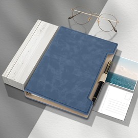 Fosdaling DIN A5 PU Leather Ring Binder Notebook, Refillable Notebook with 6 Rings and a Pen, Suitable as Planner, Binder, Binder for Work, 100 GSM (Blue)