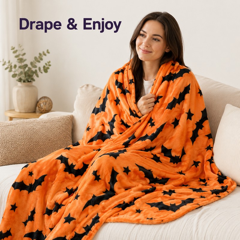 Black Bat Print Flannel Throw Blanket – Soft Lightweight Blanket
