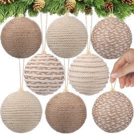 RoundFunny 8 Pcs 4 Inch Christmas Ball Ornaments Boho Farmhouse Jute Rope Balls Burlap Neutral Rustic Ornaments for Xmas Tree Wreath Garland Holiday Wedding Home(8 Pcs,Beige, Brown, White,4 Inch)