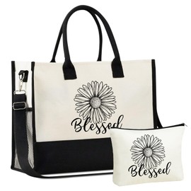 InnoBeta Daisy Gifts for Women, Daisy Flower Canvas Tote Bag, Tote with Top Zipper Closure, and Shoulder Strap