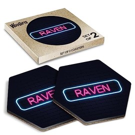 2 x Hexagon Coasters - Neon Sign Design Raven Name Cork Backed MDF Glossy Tea Coffee Accessory #353441