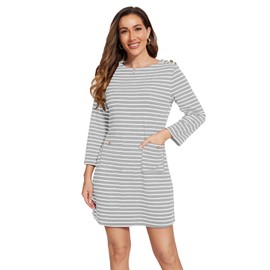 FANCYINN Striped Long Sleeve Trendy Casual Tunic Mini Dress Striped Long Sleeve Skinny Short Dress White Bla with Patch Pockets Gold Button M