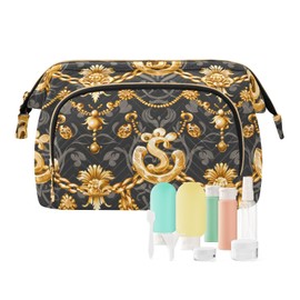 Travel Makeup Bag Cosmetic Bag Wide-open Pouch Toiletry bag Make Up Organizer Case with bottles kit for Women Vintage Damask Gold Dollar Sign