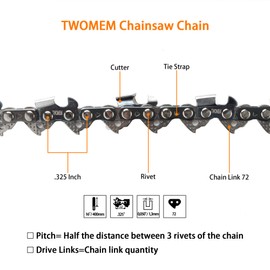 TWOMEM H72 Chainsaw Chain 18 Inch .325’’ LP .05 Inch Gauge 72 Drive Links Compatible Replacement for Craftsman, Echo, Husqvarna, McCulloch, Poulan.
