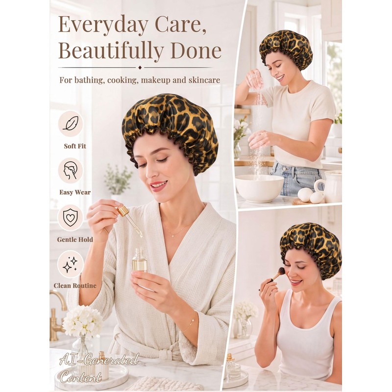 Leopard Satin-Lined Shower Cap for Girl Reusable Waterproof Women