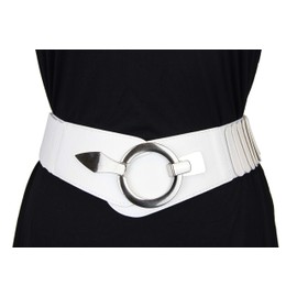 Elastic Women's Waist Belt, Approx. 6 cm-Wide Waist Belt with Silver Ring Buckle - pearl white