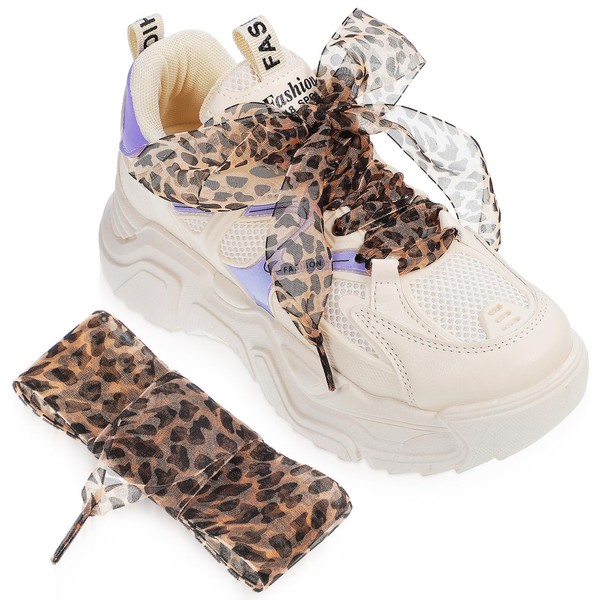 AOKWAWALIY Pack of 2 Fashionable Shoelaces Wide Leopard Shoelaces Silk