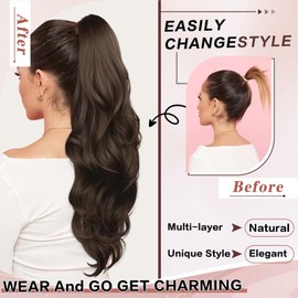 CHRSHN Ponytail Extension, Drawstring Ponytail Extension for Women Long Brown Wavy Layered Pony Tails Hair Extensions Synthetic Clip in Ponytail Hairpiece for Women(Medium Brown)