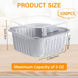 Skylety 100 Pcs 5 oz Mini Square Baking Pan with Lid Aluminum Foil Cupcake Pan Brownie Baking Cup Disposable Ramekins Individual Tin Dessert Containers for Kitchen, Food Grade Material (Silver)