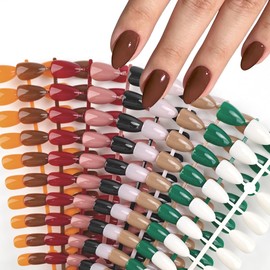 270Pcs Autumn Press on Nails Short Almond Fake Nails Solid Color False Nails Fall Solid Color Acrylic Full Cover Glue on Nail Brown Red Green Nail Salon Quality Stick on Nail for Women Manicure