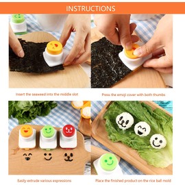 LATRAT 3-Piece Sushi Accessories, Plastic Washable DIY Sushi Roll Rice Ball Onigiri Mould for Sushi Making Laver Cutting, Dry Roasted Seaweed Cutter Set, Smile Face