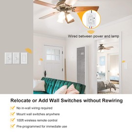 Suraielec Wireless Remote Light Switch, No Wiring, No WiFi, 100ft RF Range, Pre-Programmed, Expandable Wireless Wall Switch and Receiver Kit, Remote Control Light Fixture for Lamp, Ceiling Light, Fan