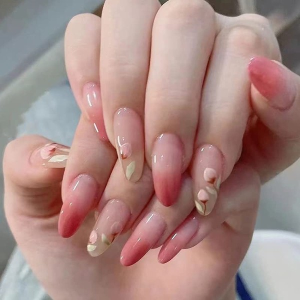 Press On Nails with Nail Glue, 3D Peach Flower Summer