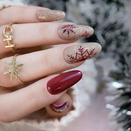 Christmas Glitter Press on Nails Medium oval Wine Red Fake Nails with Gold Glitter Snowflake Design Xmas Press on Full Cover Winter Christmas False Nails Glue Stick on Nails for Women 24PCS