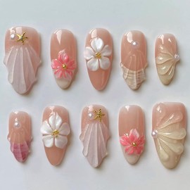 Luxury Press on Nails Medium Almond Handmade 3D Unique Reusable ABS Material Fake Nails French Tip False Nails with Designs Floral Pearls Summer Glossy Glue on Nail Thick Acrylic Nail(S)