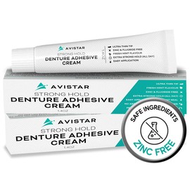 Extra Strong Denture Adhesive Cream, 12 Hour Hold Dental Glue, Waterproof, Zinc & Fluoride Free, Easy Apply Nozzle, Seals Food Out for Comfort, Mint Flavor (2 Pack, 2.8 Fl Oz)