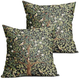 Green Tree Pillow Covers 20X20 Inch Set of 2 Watercolor Forest Bird Floral Leaves Decorative Pillow Cases Spring Vintage Leaf Flower Cotton Linen Cushion Case Farmhouse Home Decor for Sofa Couch