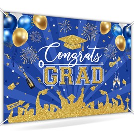 Avezano Blue and Gold Graduation Decoration 2025 Congrats Grad Backdrop for Class of 2025 Congratulate Graduation Party Decorations Banner Prom Photoshoot (Navy Blue, 7x5ft)