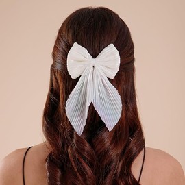 Accessorize Kingdom Silk Hair Bows, Large Vintage Ribbon Clips for Women and Girls, 1 Pcs (White)