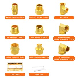 GASHER 104Pcs Brass Pipe Fittings Assortment Kit, Reducing Adapter, Hex Nipple, Female Coupling, Reducing Coupling, 90 Degree Barstock Street Elbow, Hex Bushing, Hex Head Plug and Tee Pipe Fitting