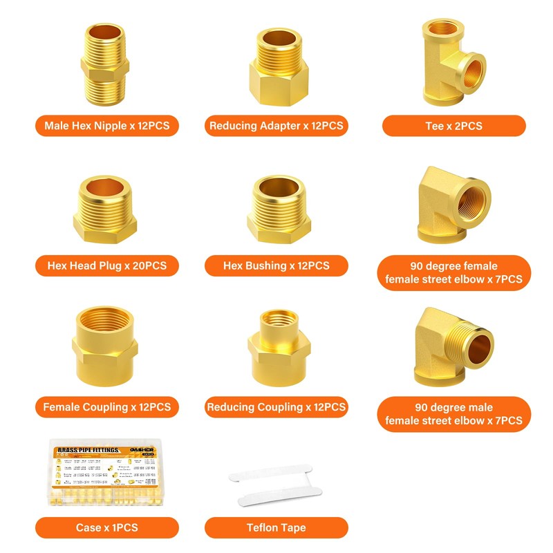 GASHER 104Pcs Brass Pipe Fittings Assortment Kit, Reducing Adapter, Hex