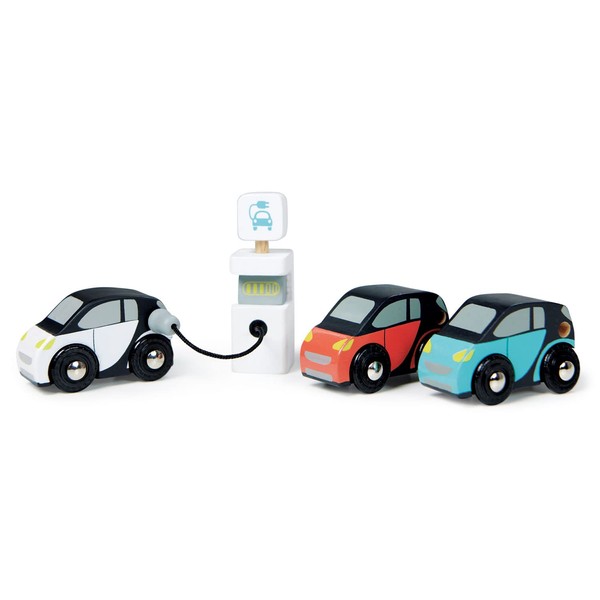 Tender Leaf Toys Smart Car Set - Wooden Play Cars With Pretend Charging Station Perfect For Imaginative Play