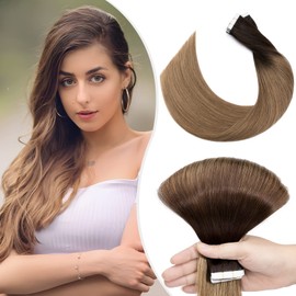 Elailite Real Hair Extensions Tape-In 40 g #4T27 Medium Brown Ombre Dark Blonde, 20 Pieces/Pack, Real Human Hair, 35 cm Hair Extensions