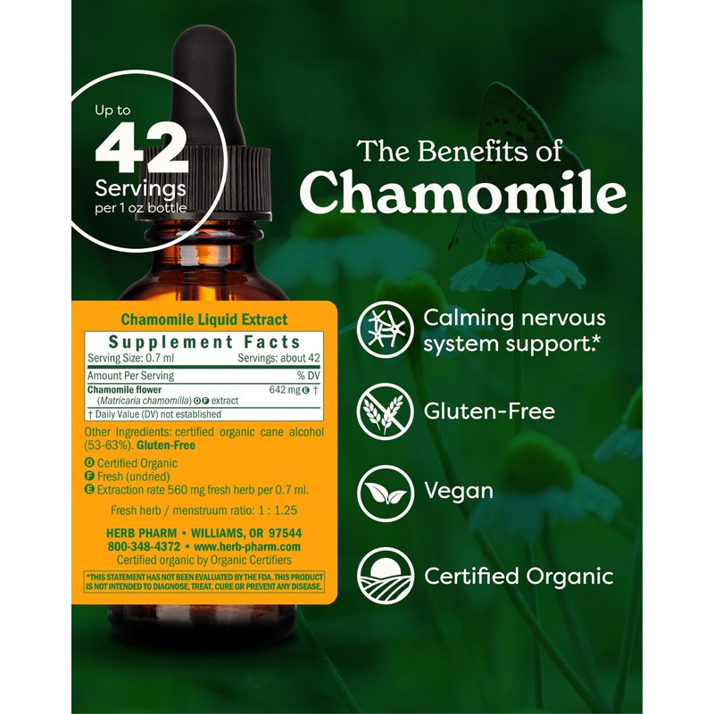 Herb Pharm Certified Organic Chamomile Liquid Extract for Calming Nervous