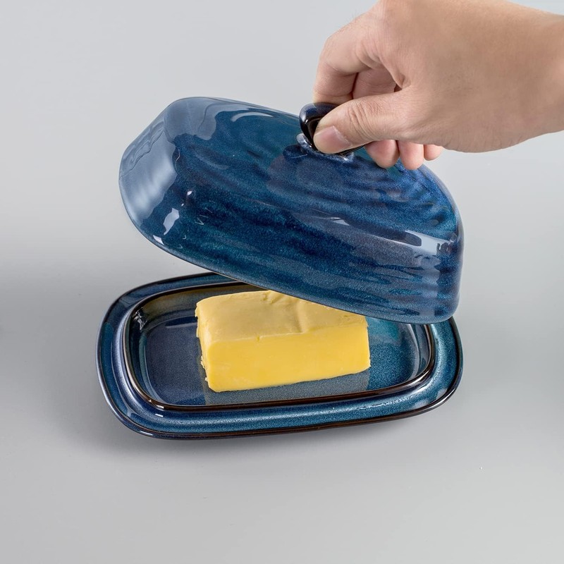 Hasense Butter Dish with Lid, Porcelain Butter Container with Handle