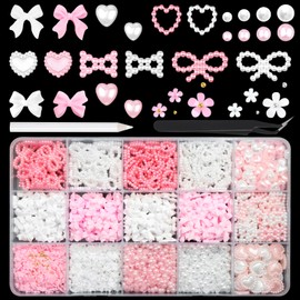RODAKY 1000PCS Bow Nail Charms Pink&White 3D Bow Nail Charms Multi Shape Nail Decoration Flatback Pearl Beads Flower Charms Nail Accessories with Tweezer Pickup Pencil