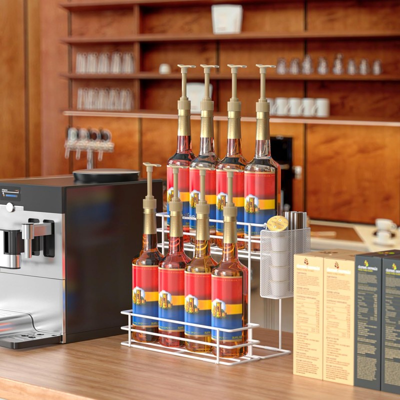 2-Tier Coffee Syrup Stand Organizer - 8 Bottles Metal Rack