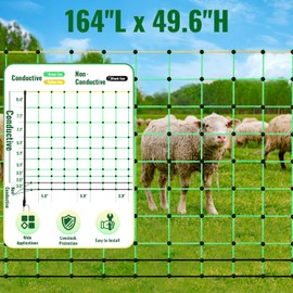 Electric Fence Netting, 164'L x 49.6" H Electric Poultry Fence for Goats, Hogs and Cattle, Anti-Predator Electric Fencing with 14 Posts 2 Spikes, Movable Livestock Electrical Net in Farms and Ranches