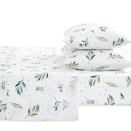 Wake In Cloud - Botanical Bed Sheets, 100% Cotton, 4-Piece Sheet Set, Cottagecore Floral Plant Leaves Coquette Shabby Chic Aesthetic Bedding, Deep Pocket, Green White, Queen Size