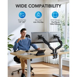 HUANUO Dual Monitor Stand, Fully Adjustable Monitor Desk Mount for 13–32″ Computer Screens, Full Motion VESA 75x75/100x100 with C-Clamp & Grommet Base, Each Arm Holds 4.4 to 19.8 lbs