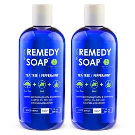 Truremedy Naturals Remedy Soap Pack de 2, ayuda a lavar el olor corporal lejano, calmar el pie del atleta, gusano de anillo, picazón de caldo, infecciones de levadura e irritaciones de la piel. 100% natural con aceite de árbol de té, menta y aloe 12 oz