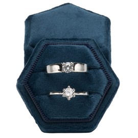 POKOFO Vintage Hexagon Velvet Bearer Box Double Ring with Detachable Lid (Dark Blue)